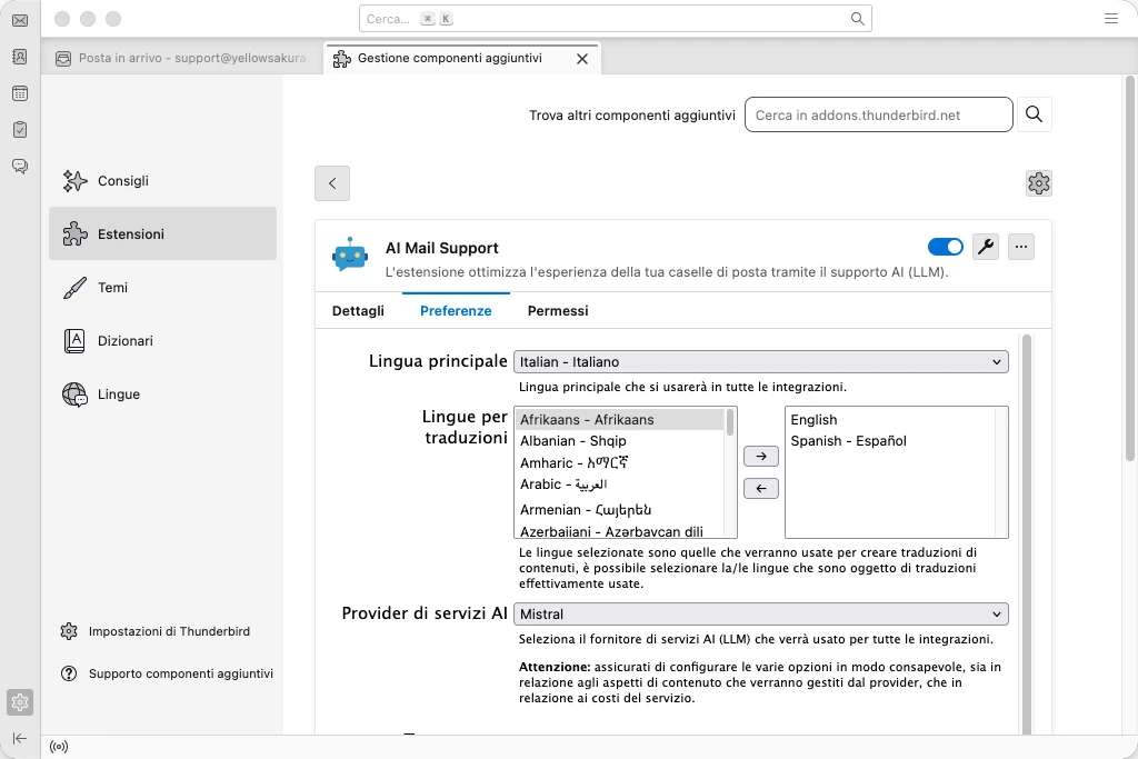 Finestra delle opzioni di AI Mail Support da dentro Thunderbird