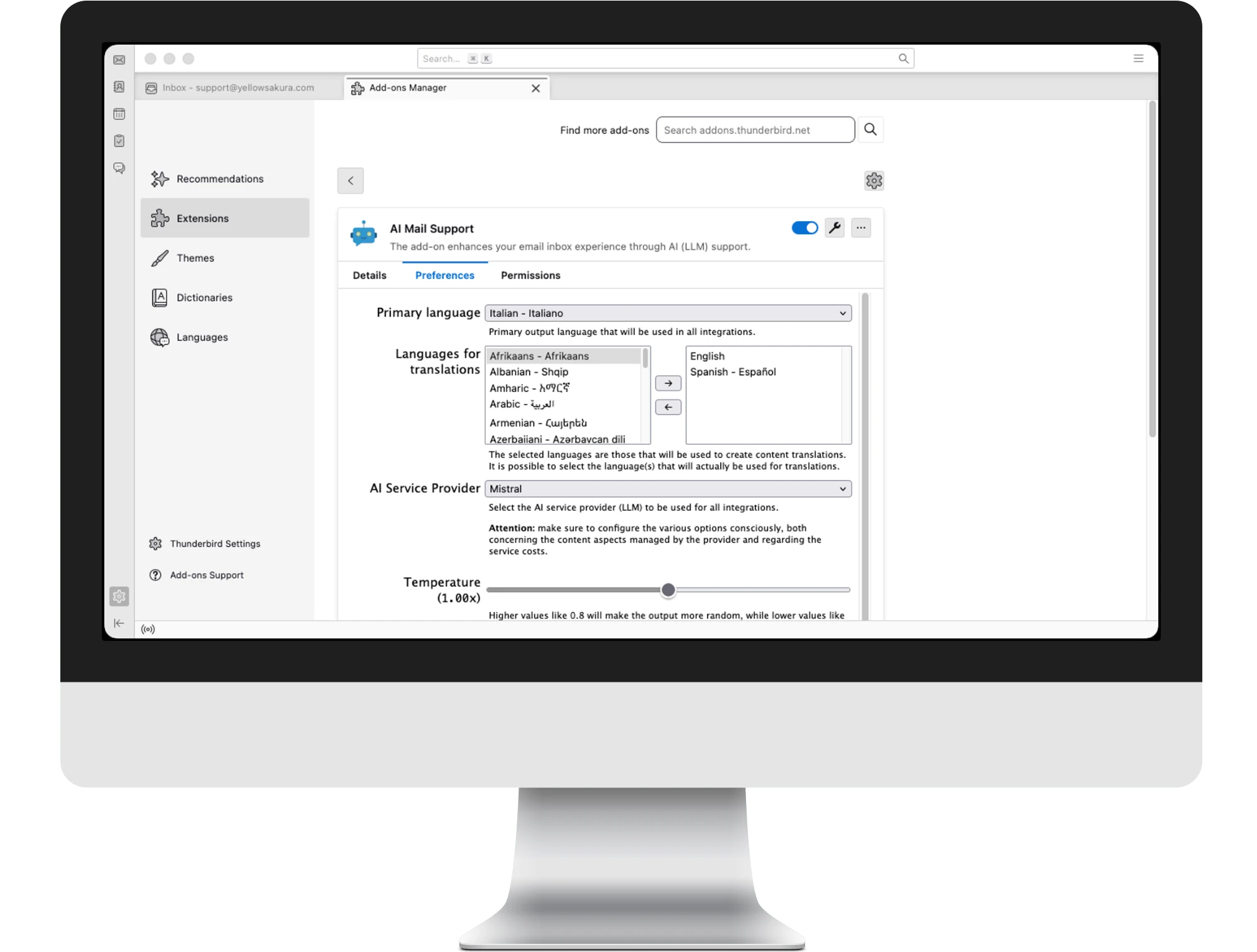 AI Mail Support options window from within Thunderbird, all displayed inside a computer